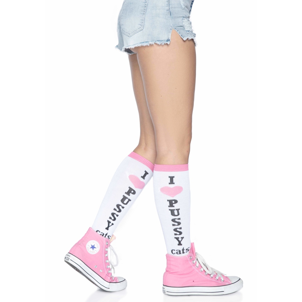 Leg Avenue - Pussycat Kniestrümpfe - Weiß/Rosa